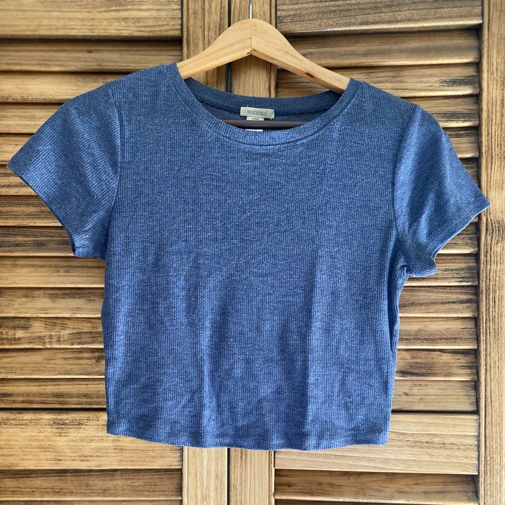 Blue Ribbed Short Sleeve Top